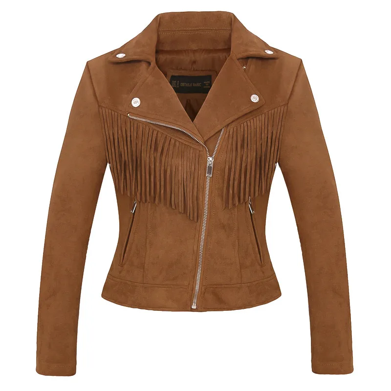 Brown faux leather Women high quality suede leather jacket spring fall new casual fashion ladies tassel coat biker jacket pink