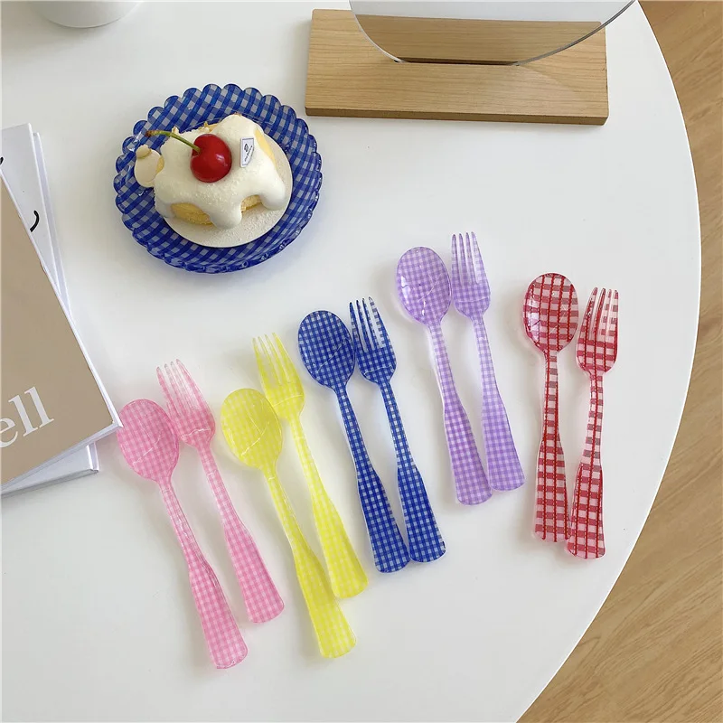 French style Retro Plaid Dessert Spoon and Fork Plastic Tea Coffee Mixing Spoon Vintage Drink Tableware Flowers Design 1PC