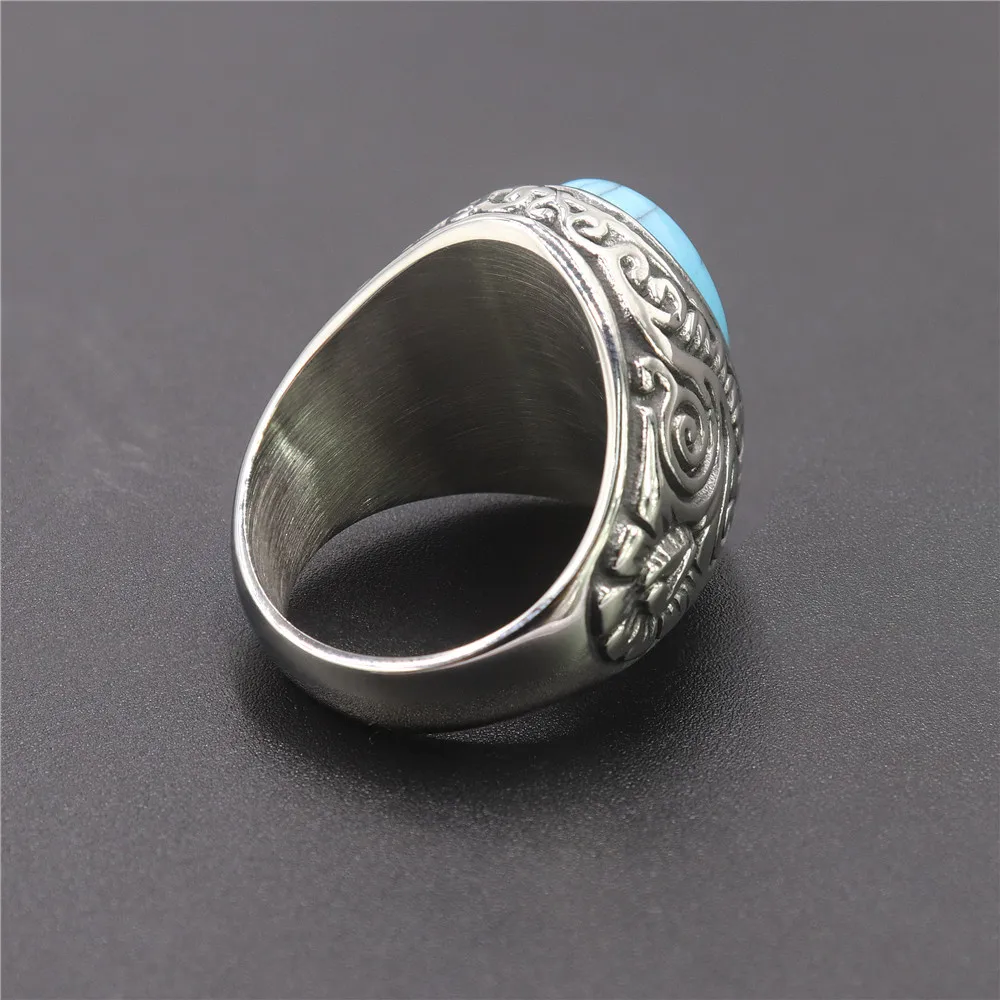 Megin D Vintage Street Chic Turquoise Carve Stainless Steel Men's Rings for Men Father Lover Friend Fashion Design Gift Jewelry