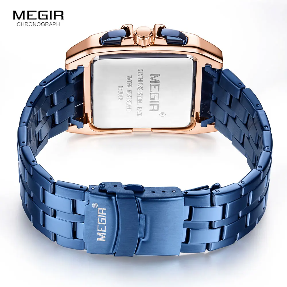 MEGIR Men\'s Stainless Steel Watches Men Fashion Luxury Blue Rose Gold Wristwatch Man Waterproof Luminous Military Sport Watch