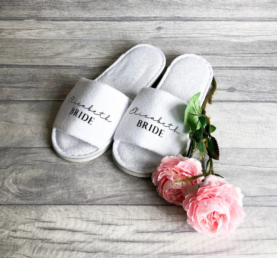 

Wedding slippers Personalised bridal party slippers Open Toes spa hen weekend shoes quality coral fleece bridesmaid slippers