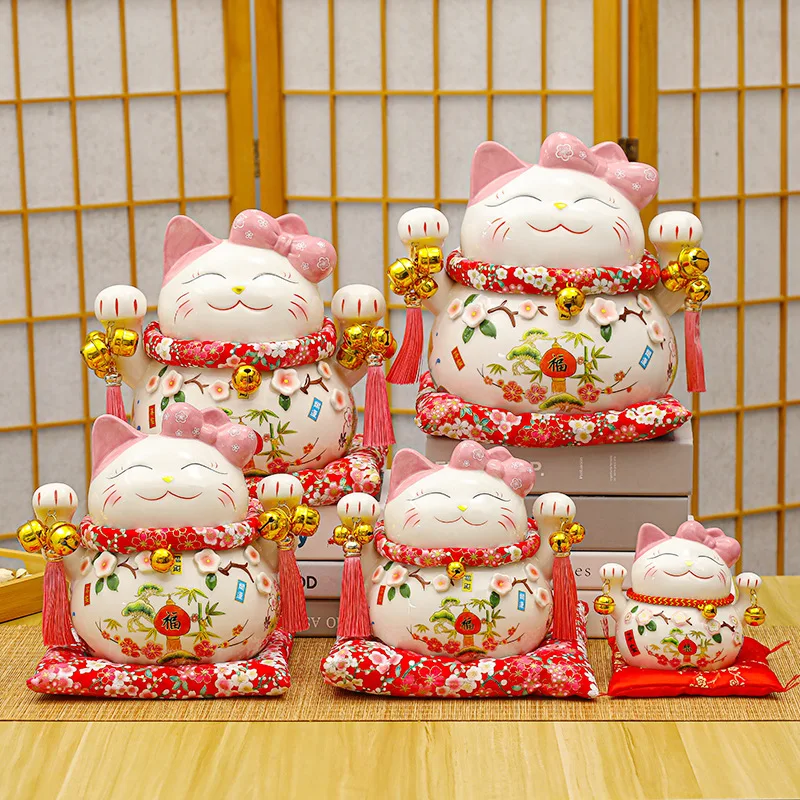 

Ceramic Lucky Cat Maneki Neko Piggy Bank Cute Peach Blossom Ornament Gift Decoration