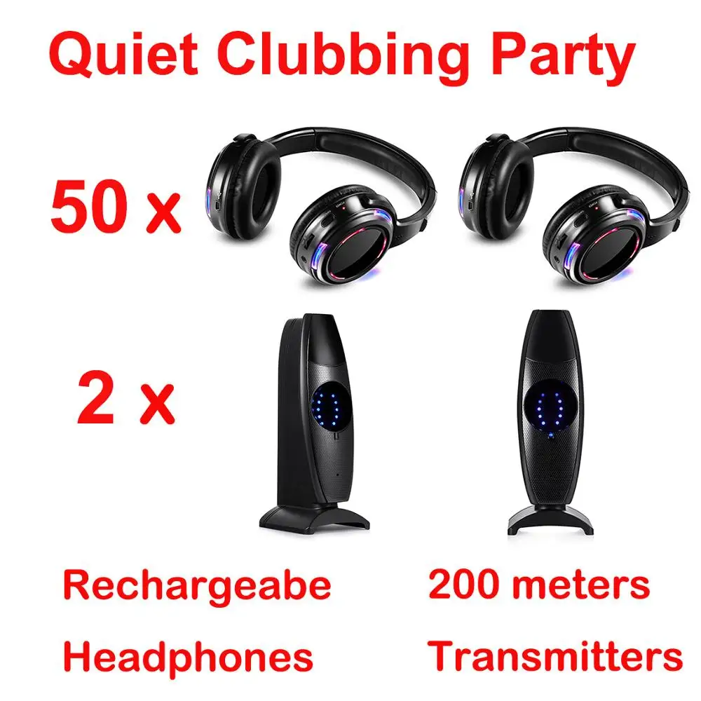 Silent Disco Compete System Wireless Headphones - Quiet Clubbing Party Bundle 50 LED Headsets and 3 Channel Transmitters