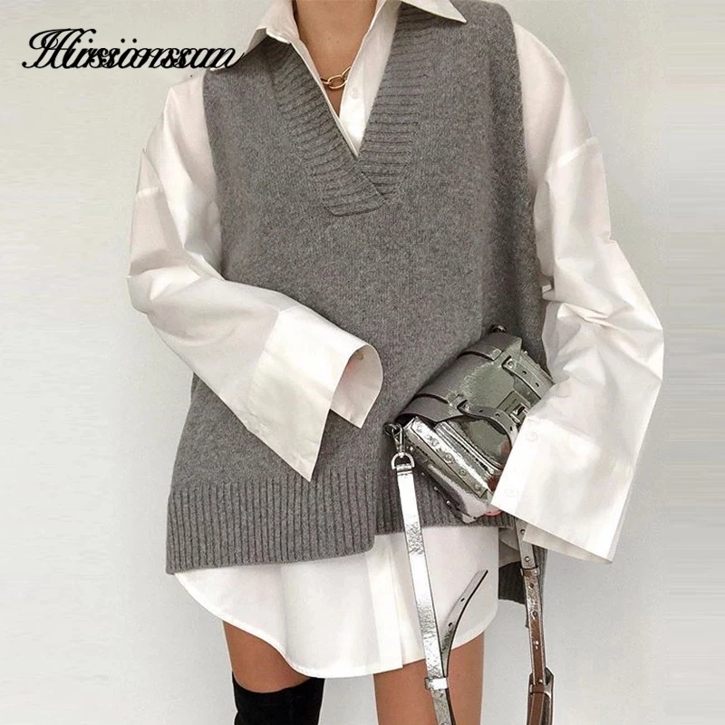 Hirsionsan V Neck Knitted Sweater Vest Women 2023 New Korean Cashmere Loose Vest Pullovers Female Solid Sleeveless Knitwear