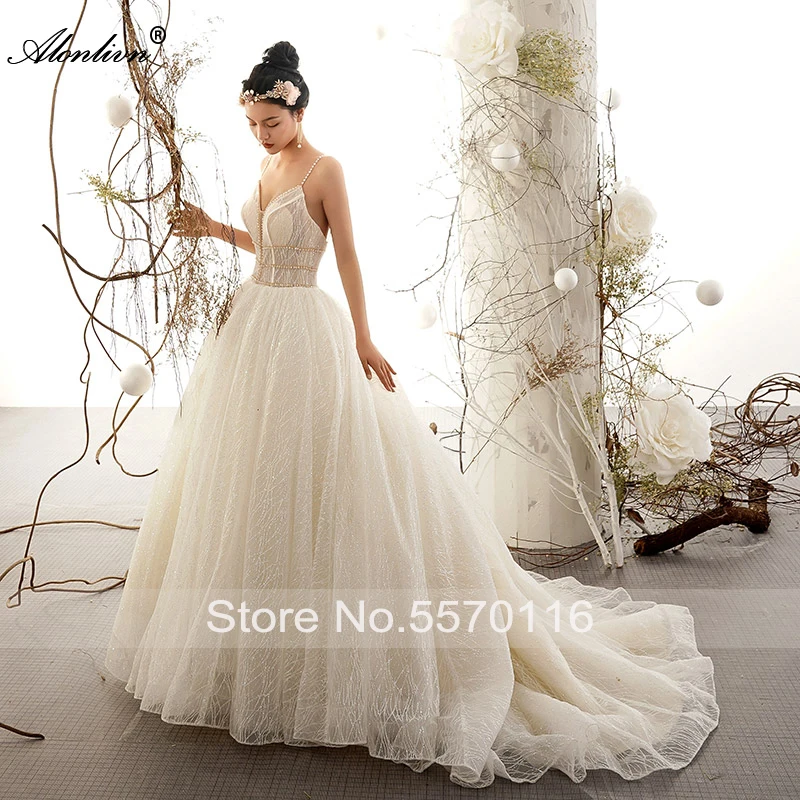 Alonlivn Glisten Voile Spaghetti Straps A-Line Wedding Dresses And Sweetheart Floor-Length Beading Crystals Bride Skirts