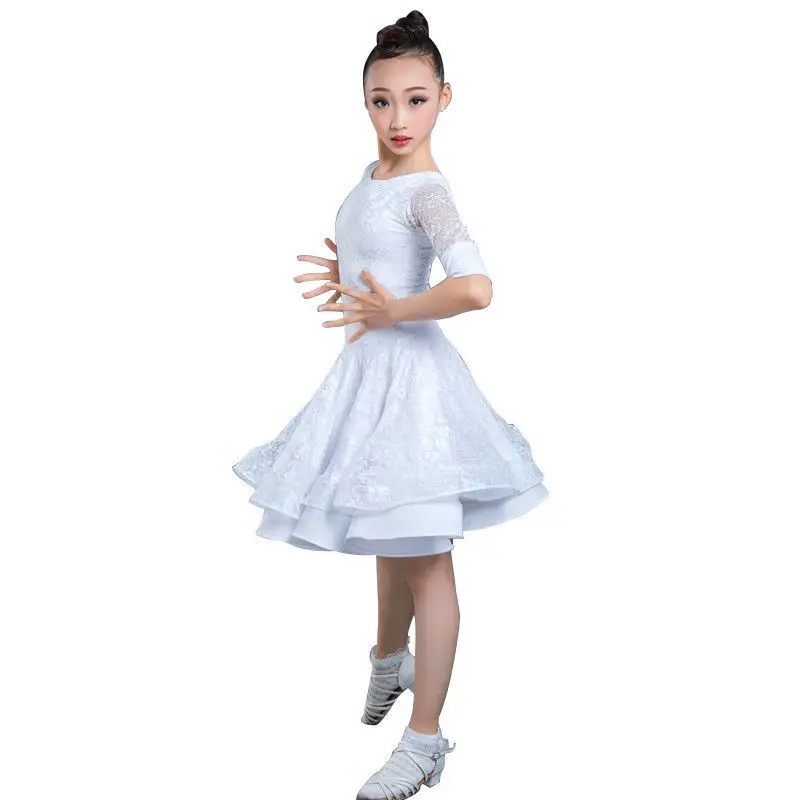 Vestido de baile latino para niños, salón de baile, tutú de encaje negro y blanco, ropa de escenario, disfraz de baile de Salsa y Samba, 130-160CM