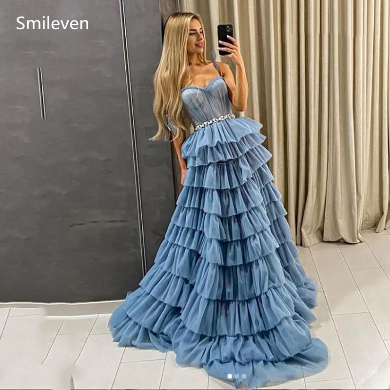 Smileven Blue Sweetheart Princess Prom Dress Ball Gown Puffy Tiered Tulle Long Evening Dress Deep V Neck Prom Party Dresses