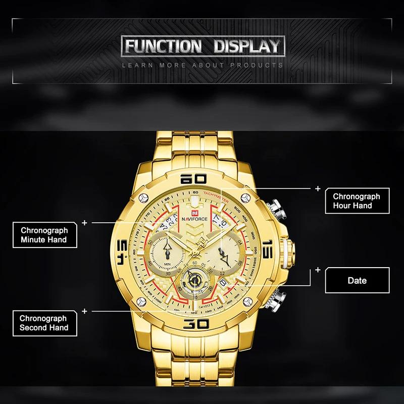 NAVIFORCE Watches Sport Chronograph Luxury Gold Watch Men Quartz Wristwatch Date Waterproof Clock Relogio Masculino 2020