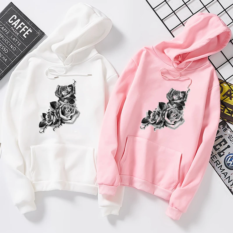 Women Unisex Pockets Streetwear Funny Rose Print Long Sleeve Pullovers Hoodies Sweatshirt Hip Hop Stupid Society