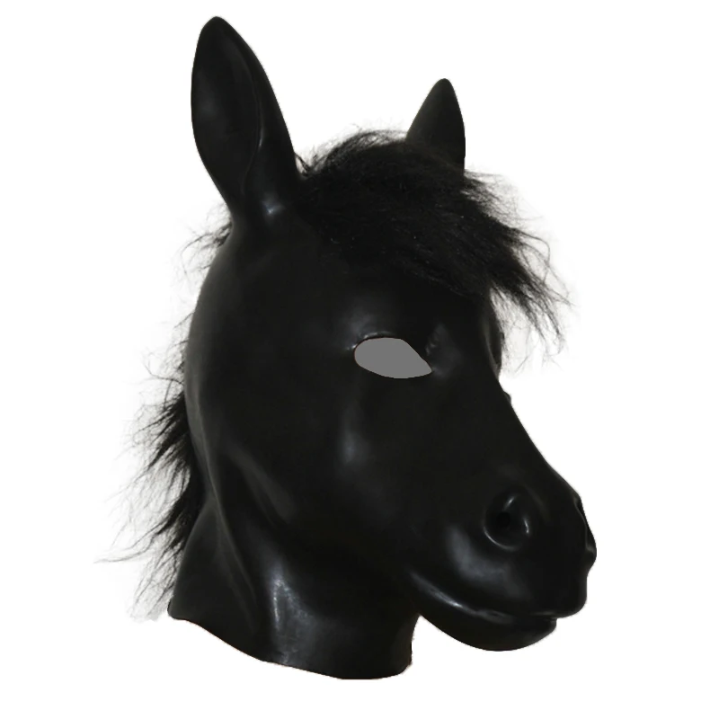 Latex Horse Hood Mask Adult Fetish Bondage Hood Rubber Horse Masks with Hairs with Zipper Closure