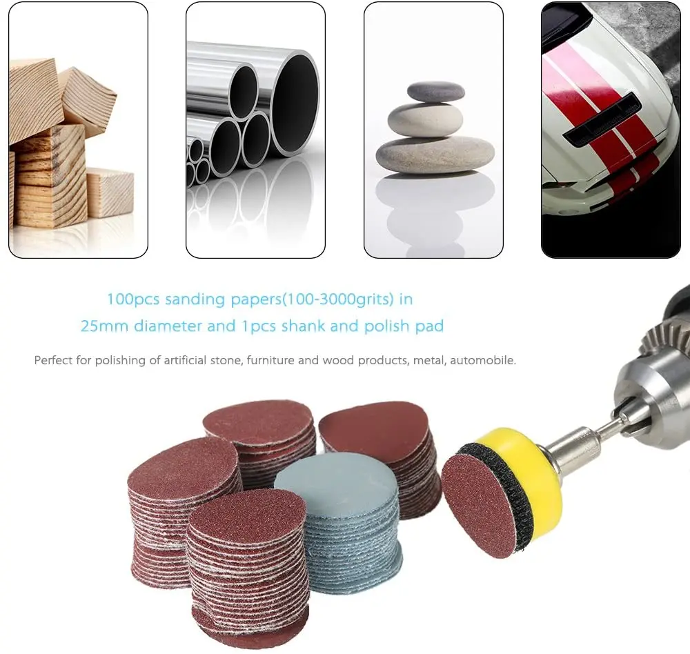 100 Chiếc 1 Inch/25 Chà Nhám Đĩa Lót NHÁM ĐĨA Bộ Với 1/8 ”Vỏ Nhám Ba Lan Miếng Lót đĩa Dụng Cụ Dremel Rotary