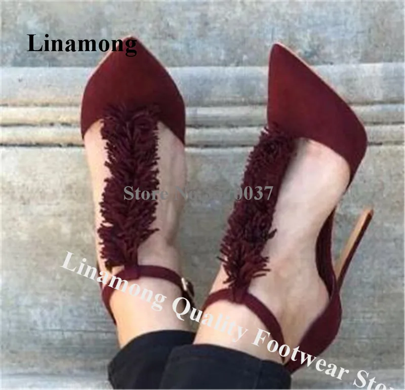 

Linamong Chraming Pointed Toe Suede Leather Stiletto Heel Tassaels Pumps T-strap Fringes Wine Red Blue High Heels Dress Shoes