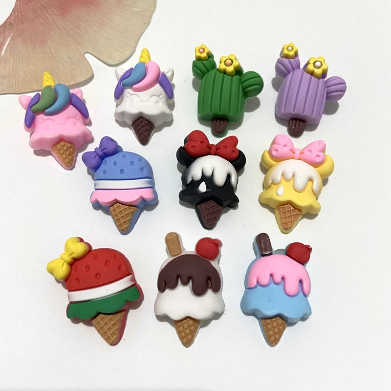 10Pcs Cartoon Watermelon Ice Cream Unicorn Sundae Popsicle Planar Headwear Clip Bow Ornament Decor Crafts Phone Case Accessories