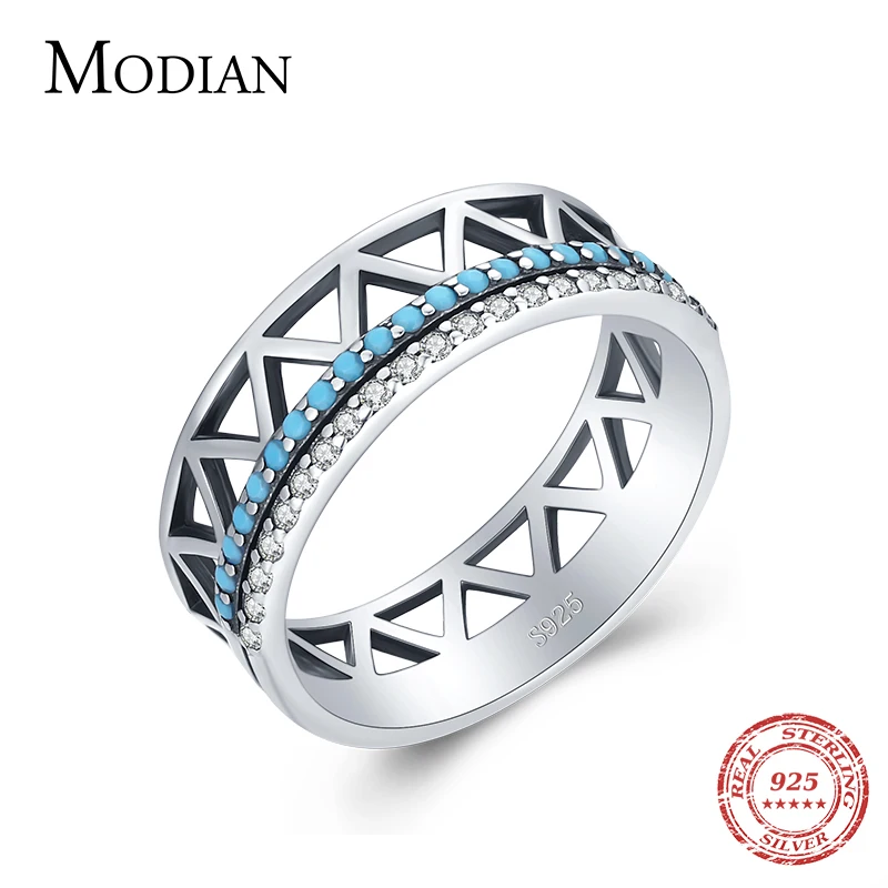 Modian Vintage 925 Sterling Silver Gometric Line Turquoise Fashion Finger Ring For Women Stackable Elegant Fine Jewelry Anel