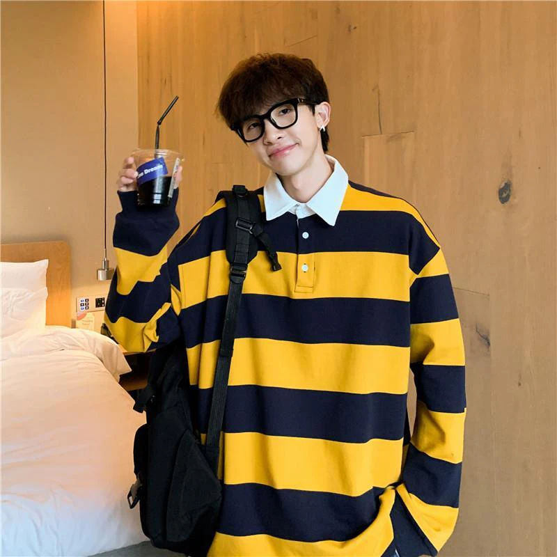 Autumn Striped Hit Color Long Sleeve Men Polo Tshirts Fashion Branded Blue White Yellow Black Japanese Streetwear Plus Size Tops