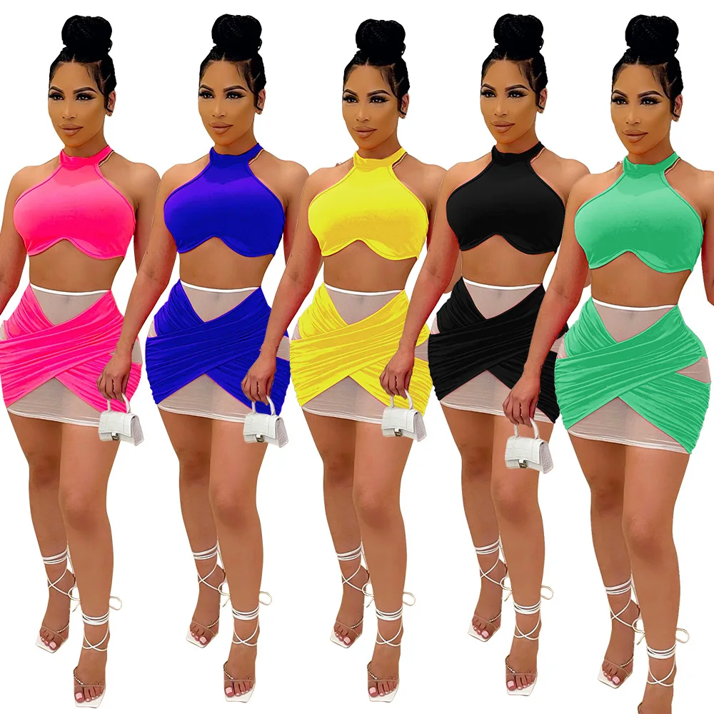 

Summer Women Set Solid Color Sleeveless Halter Tank Crop Top Skirt Sets Dress Set Sexy Casual Elegant Two Piece Sets