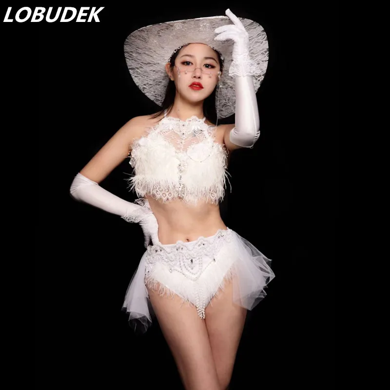 Bar Nightclub DJ Dancer Pole Dancing Costume White Feather Rhinestones LED Bikini Set Club Party Rave Show Performance Clothes