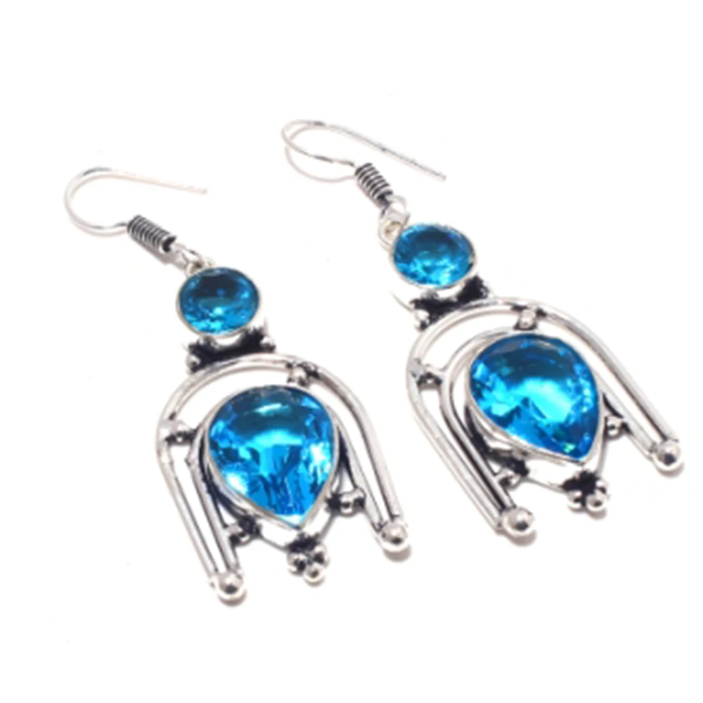 Blue Topas   Earrings  Silver Overlay over Copper , 59 mm, E3880