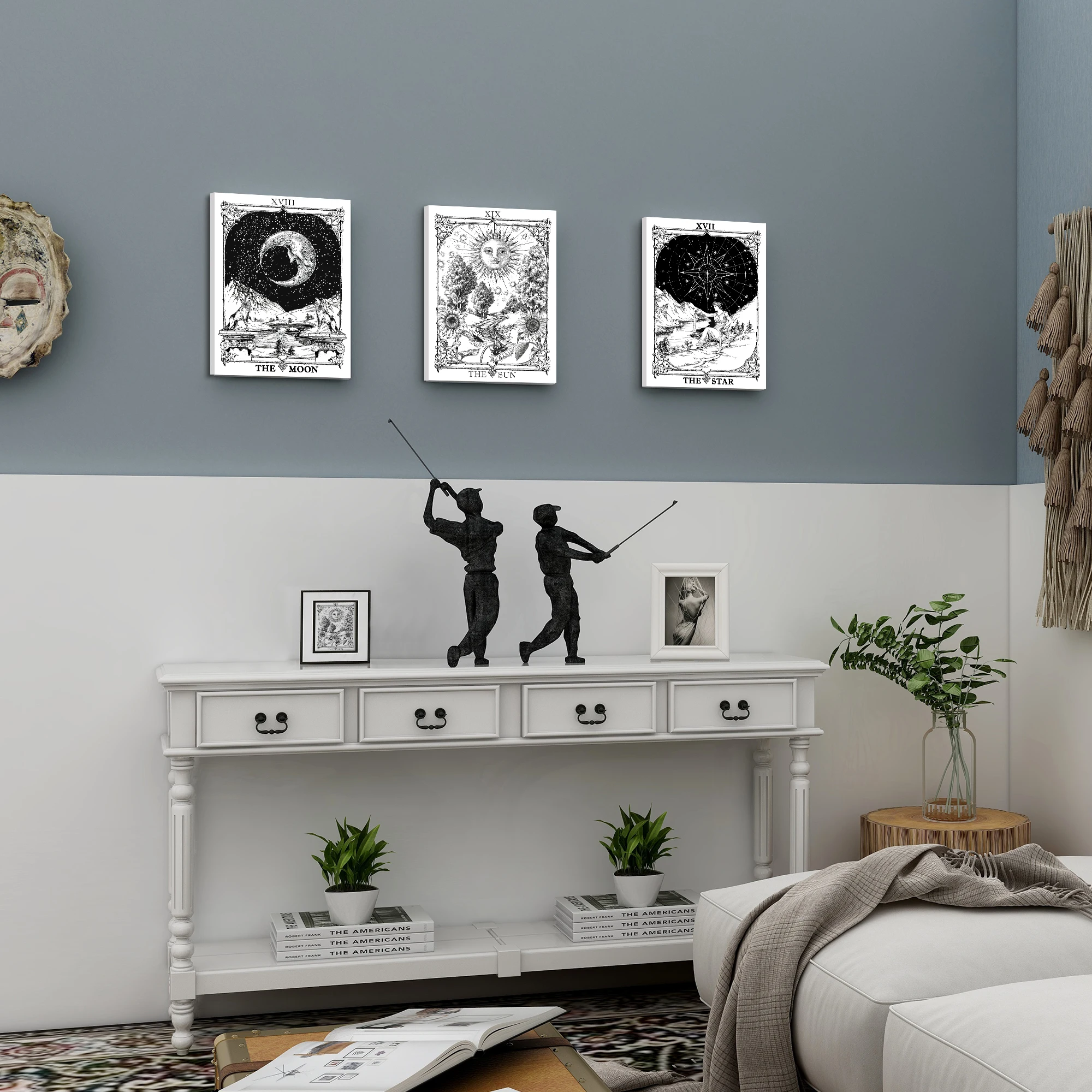 Sun Moon Star Wall Art Boho Canvas Painting Black and White Moon Poster Hippie for Nordic Bedroom Living Room Bathroom Decor