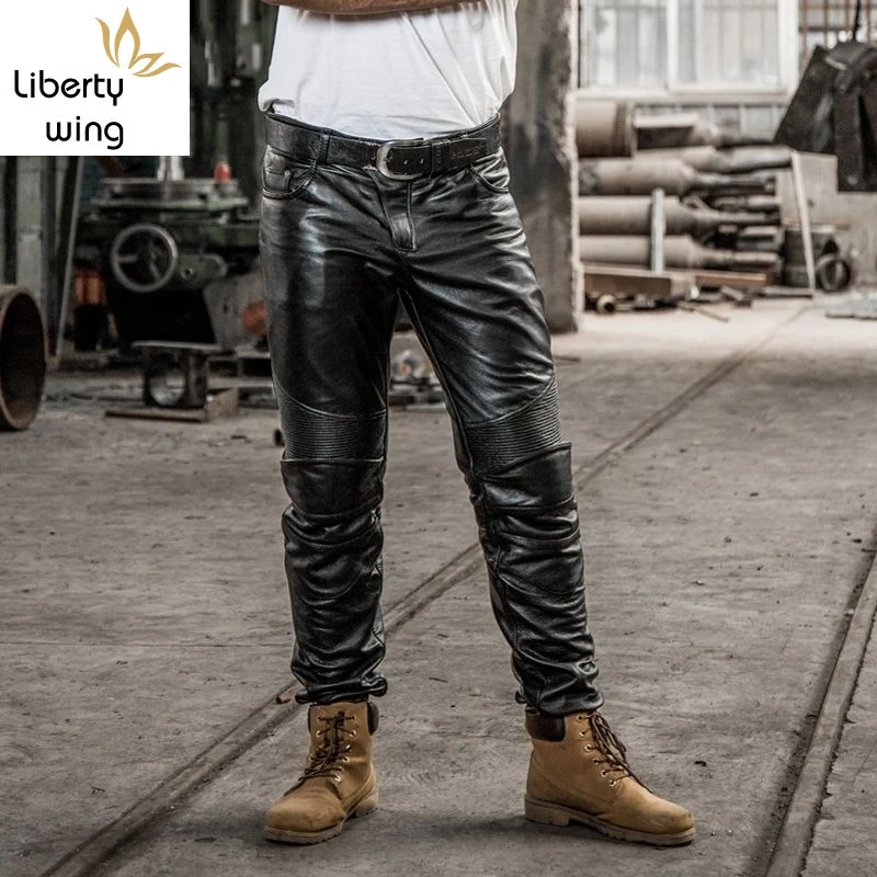 

Genuine Leather Cow Mens Mid Waist Straight Long Pants Male Trousers Motorcycle Biker Regular Brand High Quality Plus Size Black