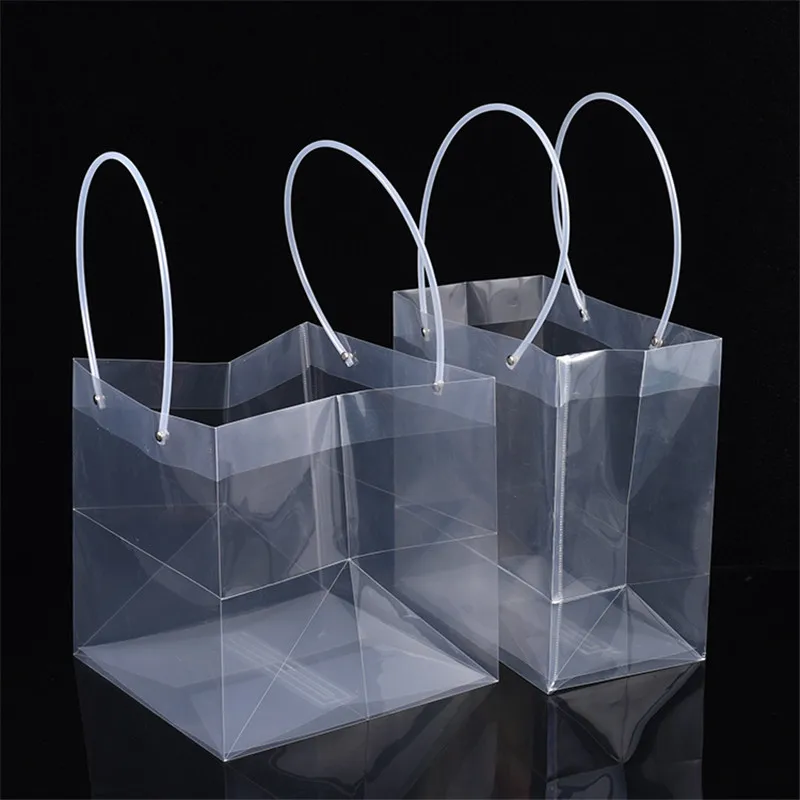 50pcs/lot Square pvc gift bags with handle flower contatiner bag clear plastic handbag supplies transparent hand bags wholesale