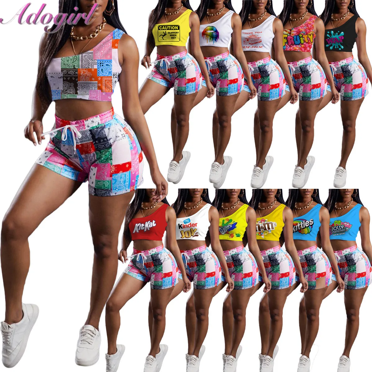 Fitness Bandana Print Two Piece Sets Women One Shoulder Vest Crop Tops Bikers Shorts Summer Sporty Tracksuit Outfit Matching Set