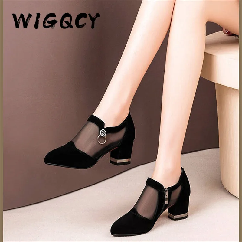 Mesh Women Shoes High Heel New Summer Shoes Breathable Pumps Zip Pointed Thick Heels Fashion Female Dress Shoes Elegant Footwear