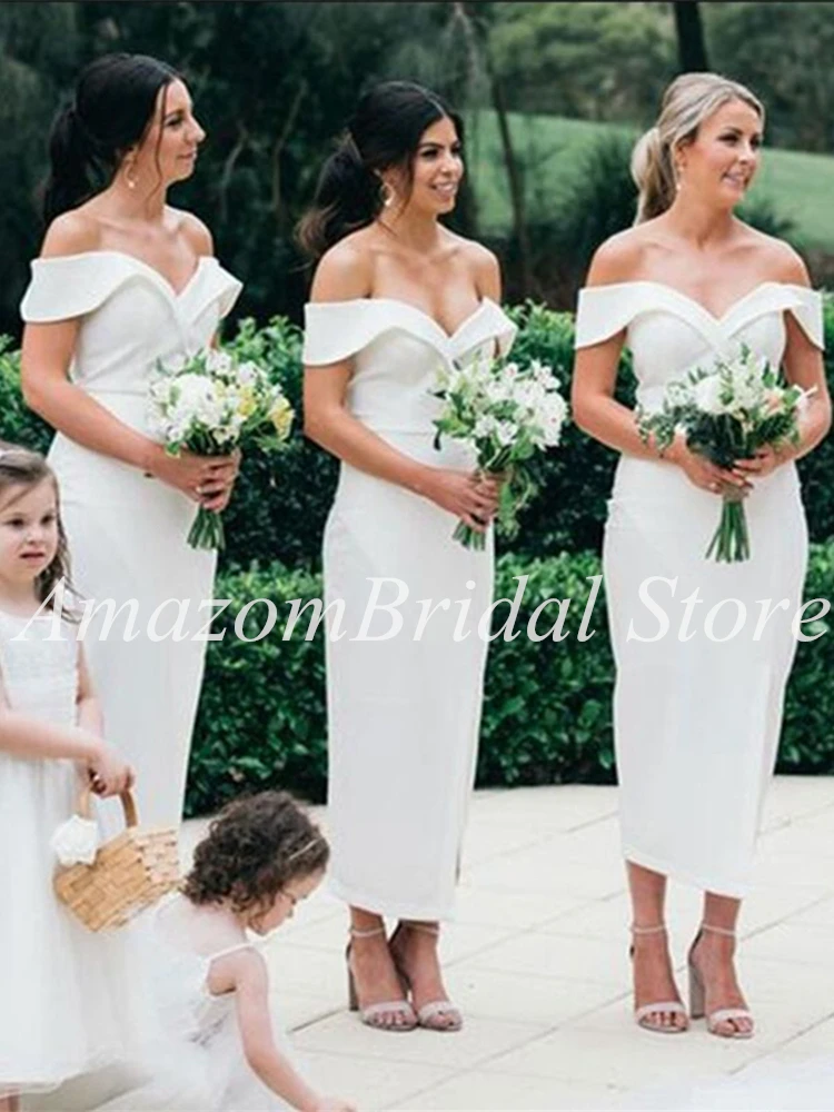 Vestido de dama de Honor de satén blanco con hombros descubiertos, vestido de dama de Honor, vestido de fiesta para mujer