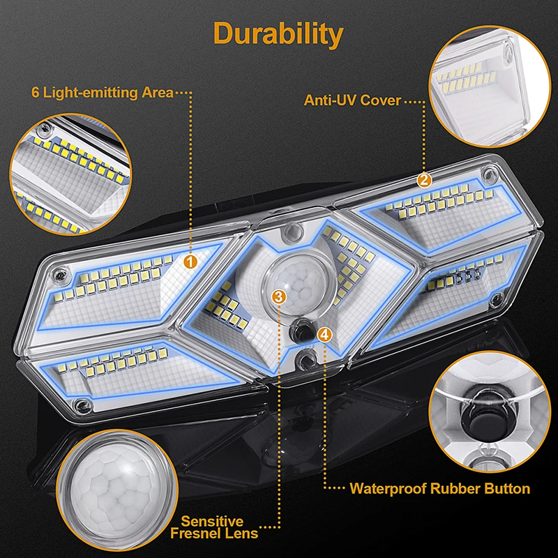 6 sides 104LED 3 modes glow PIR motion sensor solar wall light Yard Path Home garden solar energy Induction street lamp