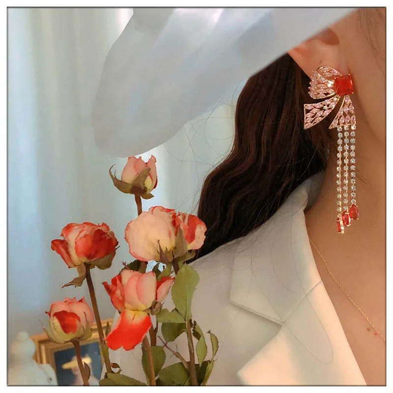 S925 Needles Drop Earrings For Women Vintage Pink Butterfly Tassels Long Cubic Zirconia Eardrop Temperament Fine Jewelry