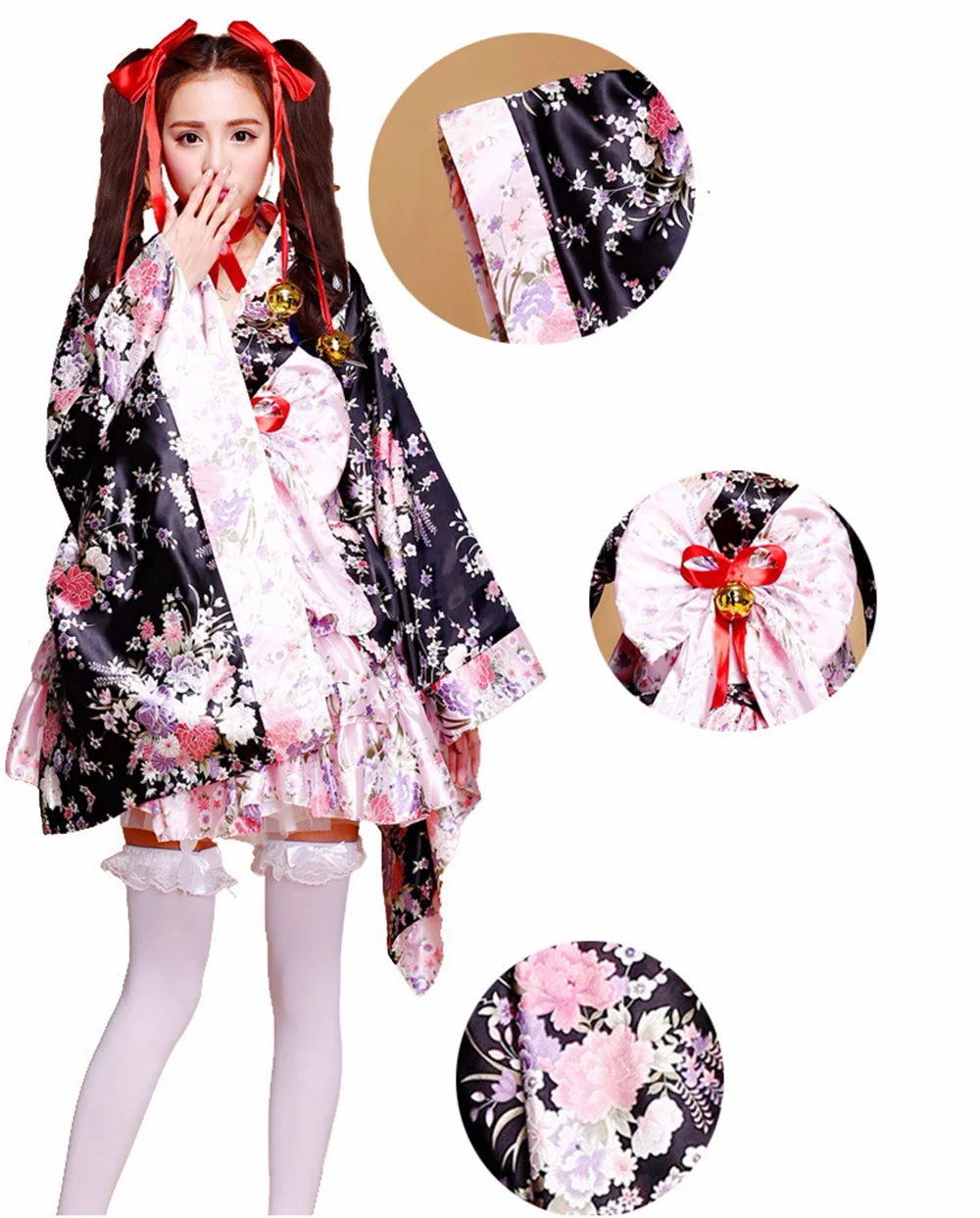 

Sexy Layered Skirt Maid Cosplay Costume Japanese Kimono Sakura Printed for Women Lolita Pink Short Halloween Fancy Dress