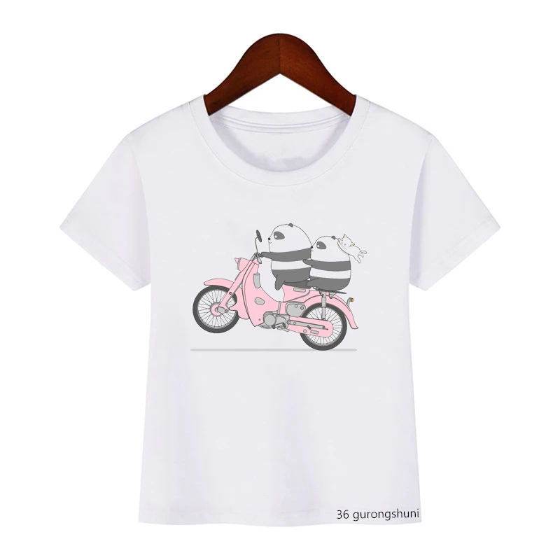 

Panda Motorrad Mit 2katzen Zum Lieferservice Print Funny Boys T-shirt Kawaii Kids Clothes Cute Graphic Summer Tops Girls T Shirt