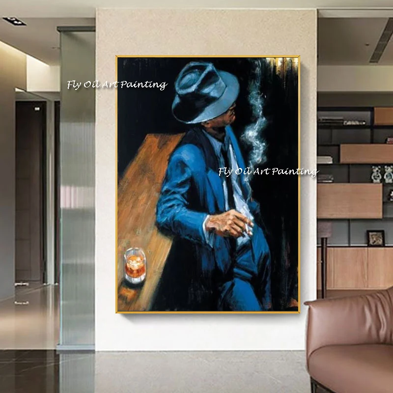 

The Blue Suit Smoking Man Figure Drink Abstract Hand Painted Oil Painting on Canvas Mural Paintings Decor For Home Living Room