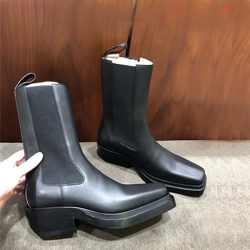 Nowy Chelsea Boots dla kobiet placu Toe platformy buty damskie czarne skórzane botki zimowe buty kobiety moda Botines Mujer