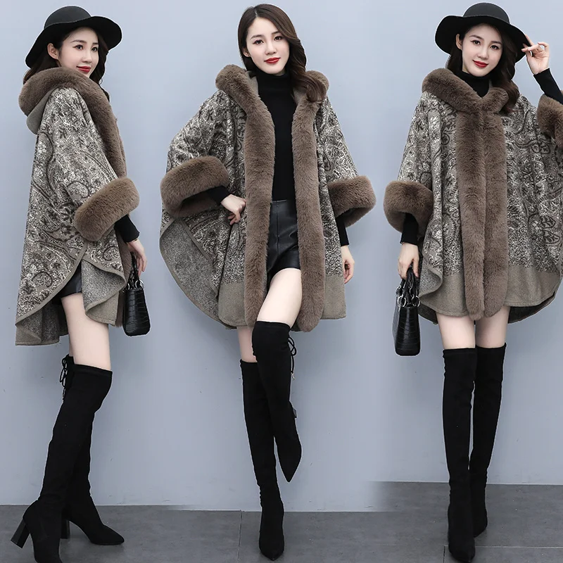 Autumn Winter Faux Fur Woolen Cloth Shawl Cape Poncho Thickened Women Mid-length Korean Cashmere Hooded Ladies Cape Coats