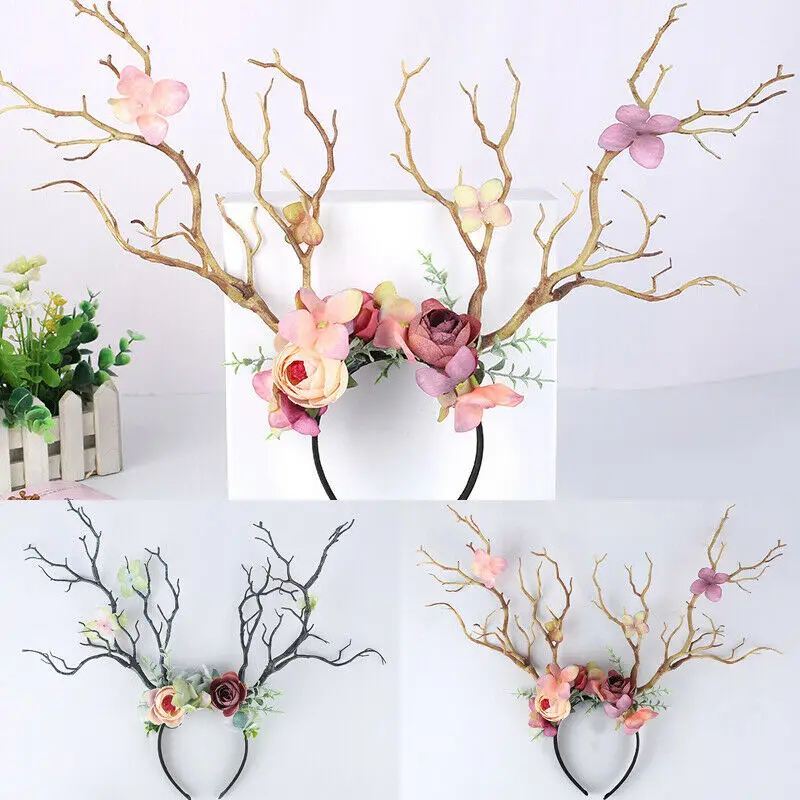 Gothic Antlers Deer Horns Branch Flower Twig Hair Band Headband Cosplay Fancy Head Dress Christmas Costume Hairband Photo Props