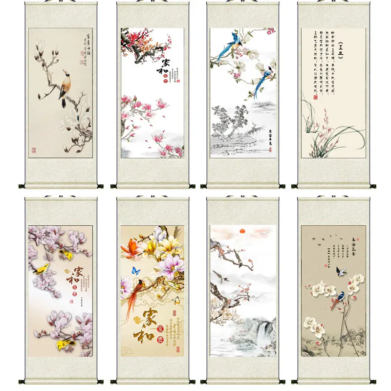 

Magnolia Bird Painting Scroll Silk Multi-pattern Calligraphy Classical Chinese Hanging Painting Decoration