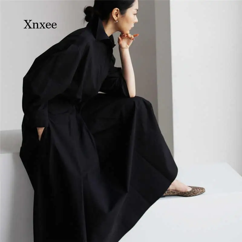 A Line Long Shirt Dress Korea Chic Autumn Casual Trend Women Solid Lapel Single Button Loose Fashion Long-Sleeved Office Dresses