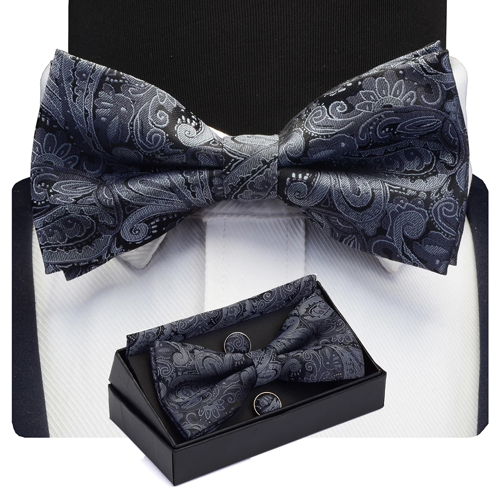 GUSLESON Men\'s Bow Tie Set Paisley Floral Bow tie Pocket square Cufflinks With Gift Box For Man Gold Red For Wedding