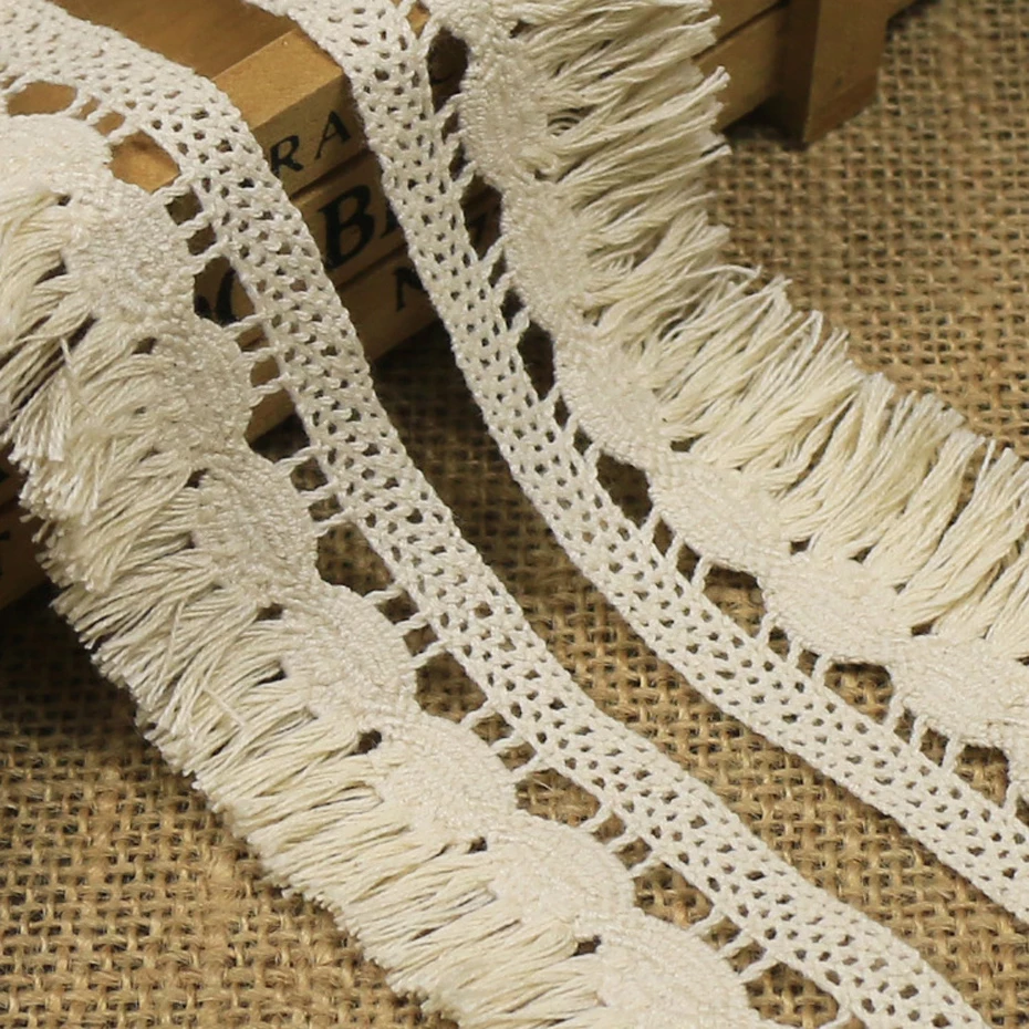 35mm Beige Cotton Tassel Lace Trim Ribbon Sewing Curtain Home Textile Decoration Craft Garment Accessories 5/10/20/30/40/50 Yard