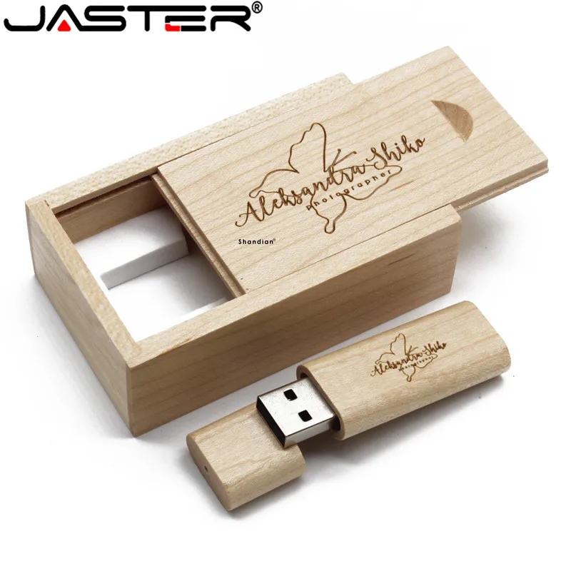 JASTER USB 2.0 Wooden usb+box usb flash drive original Memory stick 4GB 32GB 16GB 64GB wedding gift 1PCS free custom logo