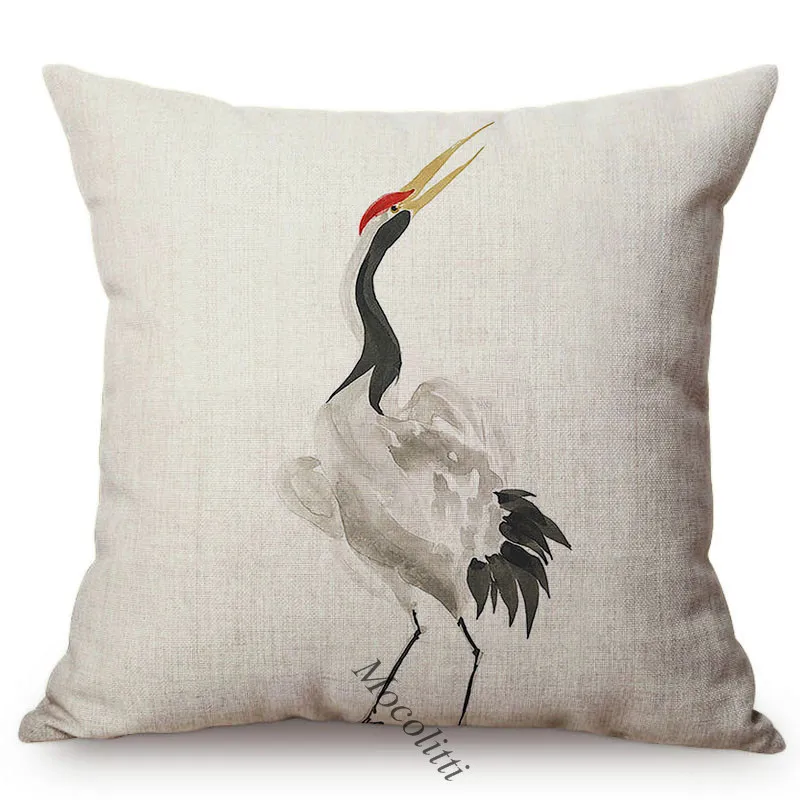 Chinese Style Ink Painting Cushion Cover Zen Cranes Powerful Artwork Decoration Sofa Throw Pillows Birds Cotton Linen Pillowcase