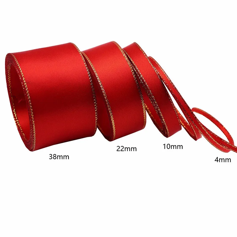 Red Satin Ribbon with Gold Edges Double-sided Gold Rim Ribbon for Gift Box Packaging, Hair Decoration, Diy Butterfly