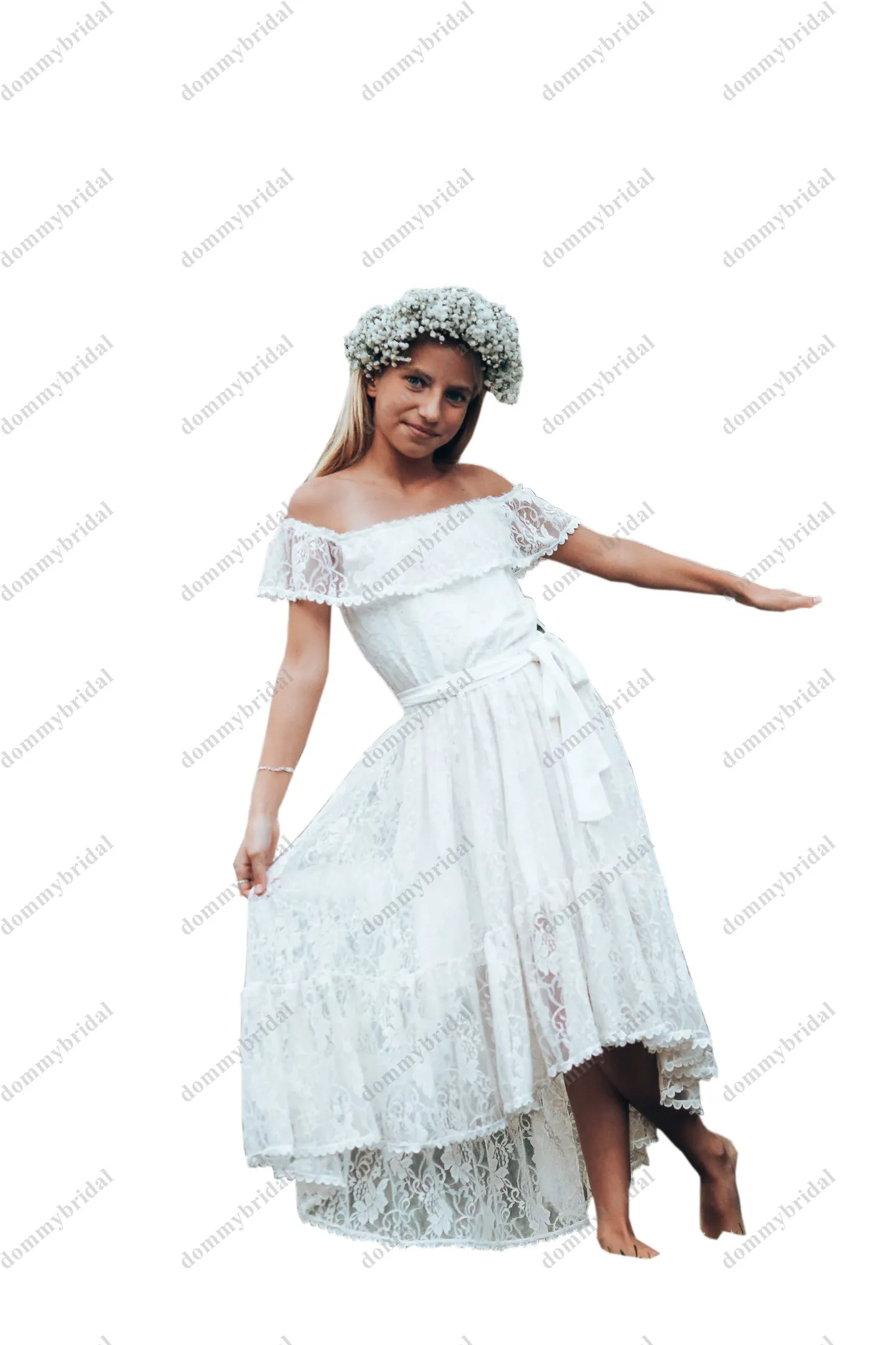 

Modest Off shoulder Beach Boho White Flower Girl Dresses 2022 for Wedding Toddler Junior Teens With Sleeves Lace Hi Low Country