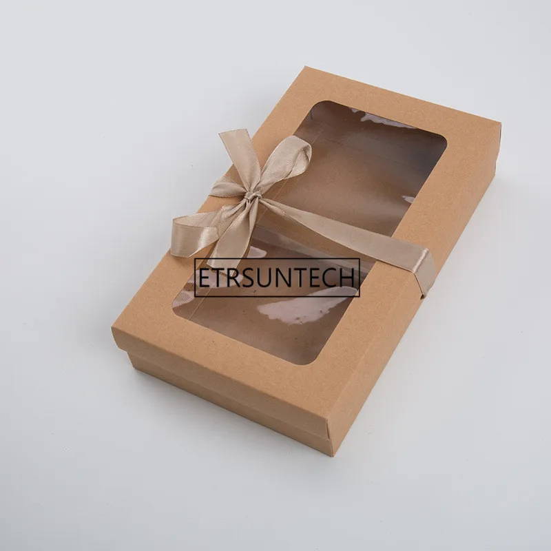 

100Pcs/Lot 4 Size Kraft Paper Gift Package Display Box With Clear Pvc Window Candy Favors Package Box With Silk Ribbon