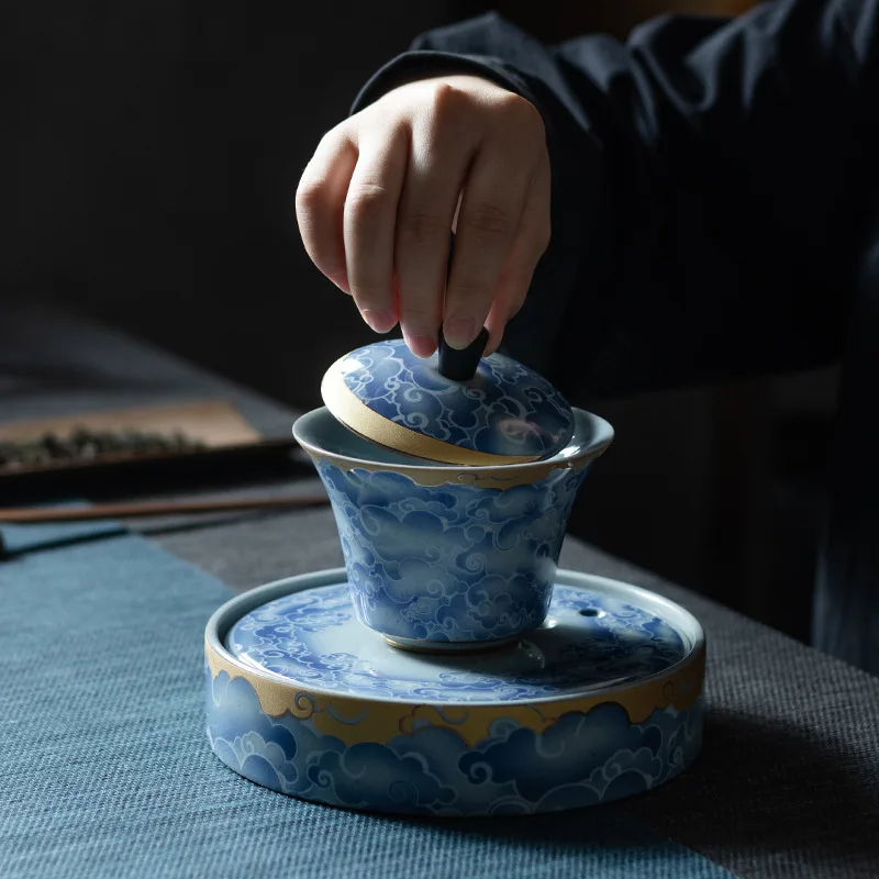 Qingyun Moon Cover Bowl Handmade Kiln Baked Colorful Ceramic Three-Force Cover Bowl Household Kung Fu Tea Cup Tea Maker Gaiwan