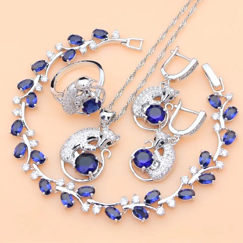 

Fox Animal Jewelry Sets Blue Sapphire 925 Silver Jewekry Kits for Women Anniversary Earring with Stone Dropshipping Necklace Set