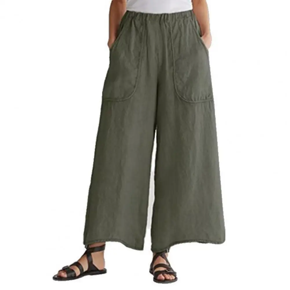 Summer Wide Leg Pants Women Slacks Mid Rise Solid Color Elastic Waist Long Pants Trousers for Office Women Pants