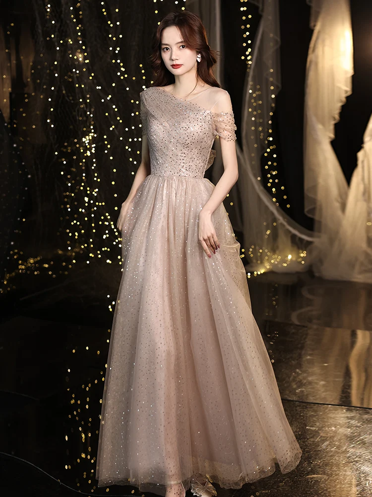 Sexy V Neck Off Shoulder A Line Prom Dress  Fashion Sequins Bowknot Bandage Ankle Length Pageant Party Gown Host Dress