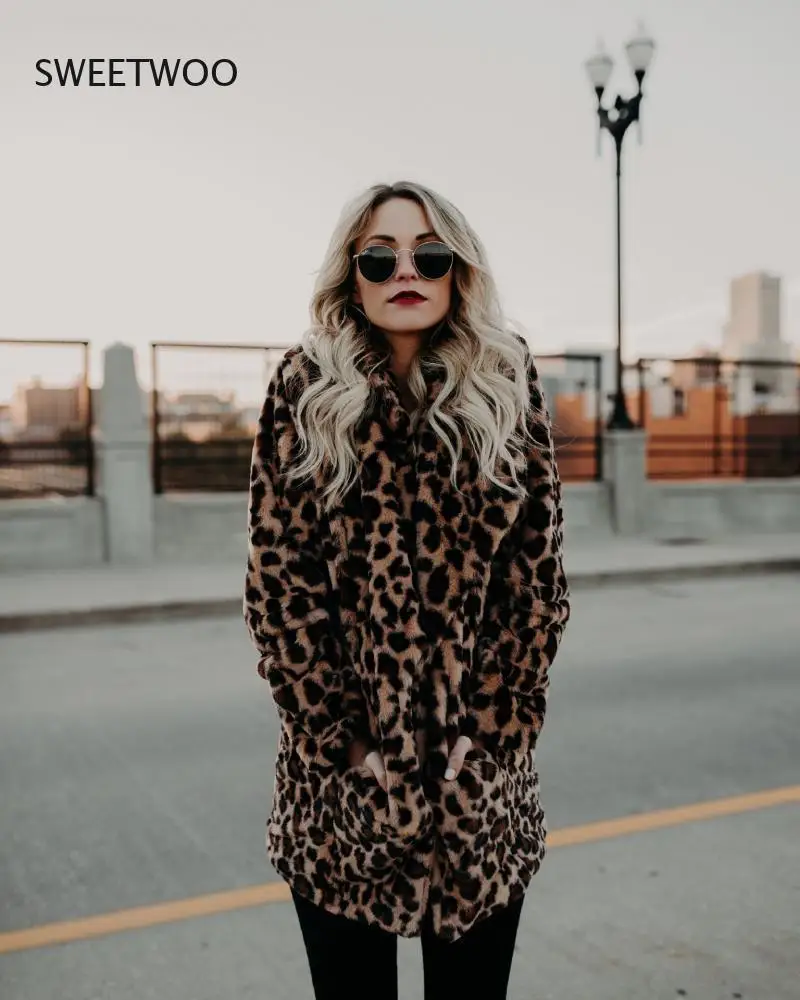 2021 Fashion Winter Faux Fur Jacket Women's Luxury Long Sleeve Lapel Collar Leopard Print Wool Thick Warm Mid-Length Jacket 5Xl